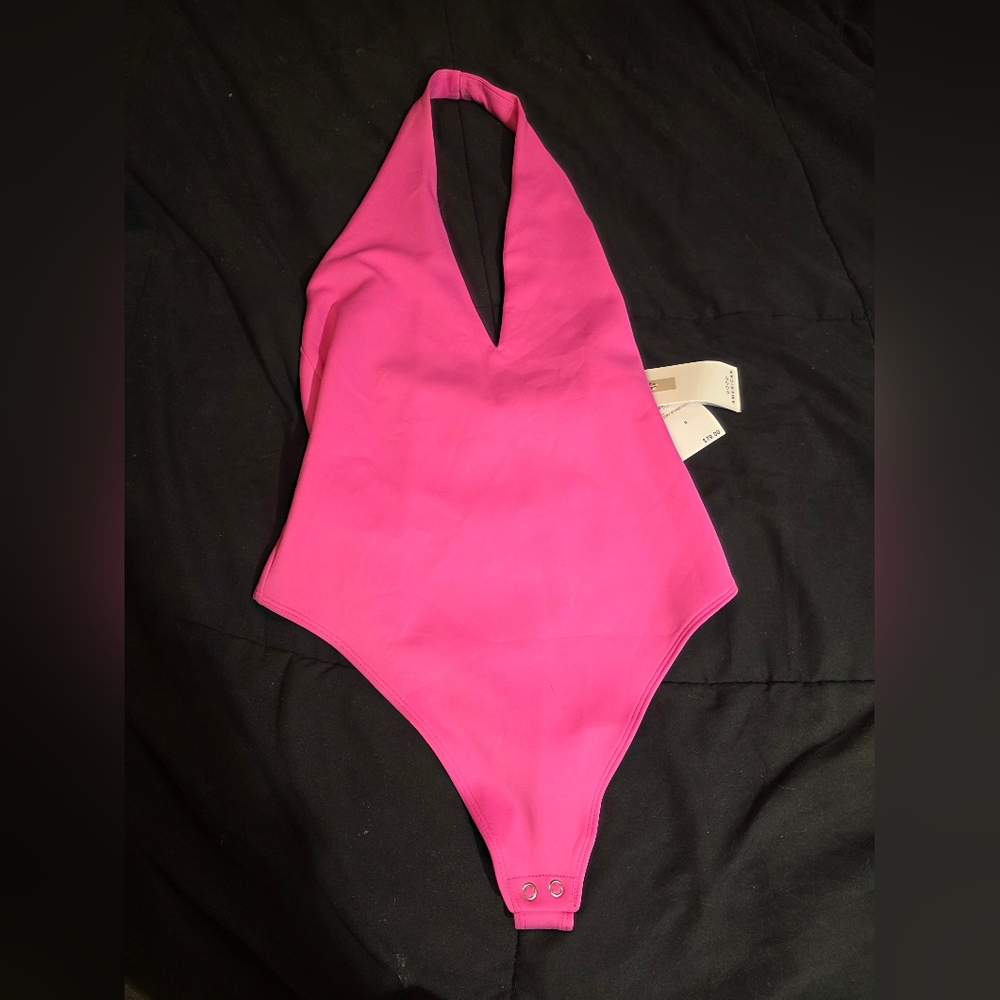 Good American Scuba Deep V Neck Pink Halter Bodysuit